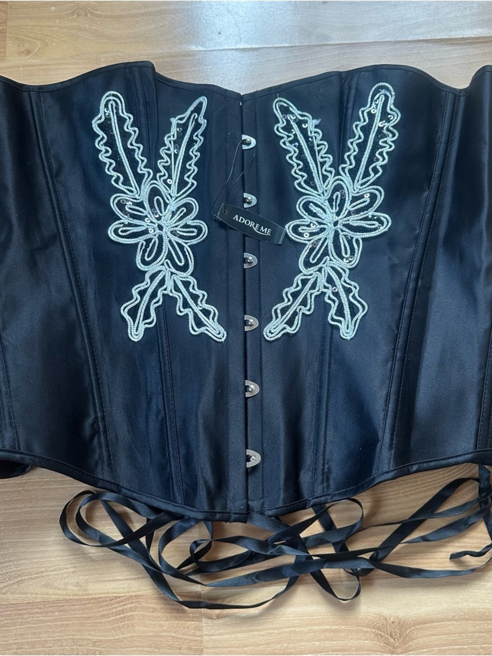 Adore Me Black Corset with White Embroidery